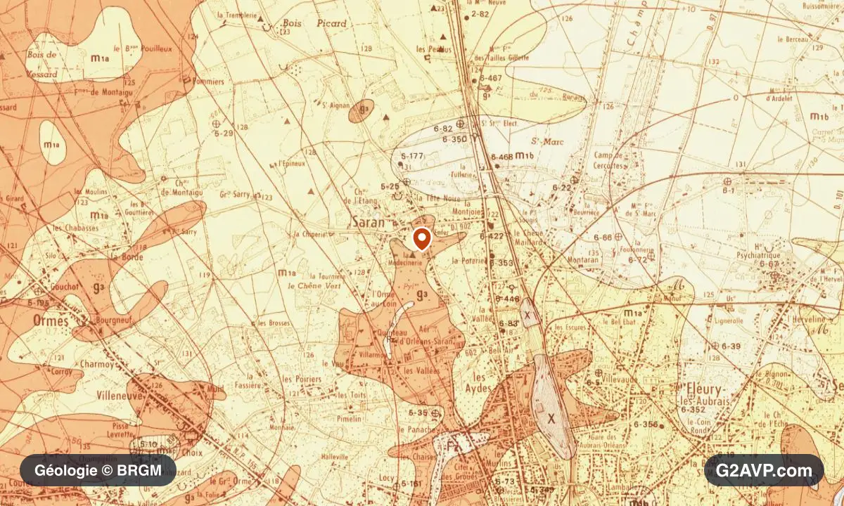 Carte géologique BRGM au 1/50 000 du secteur de Saran : calcaires, marnes et gypse en formations dominantes, repère au centre de la commune