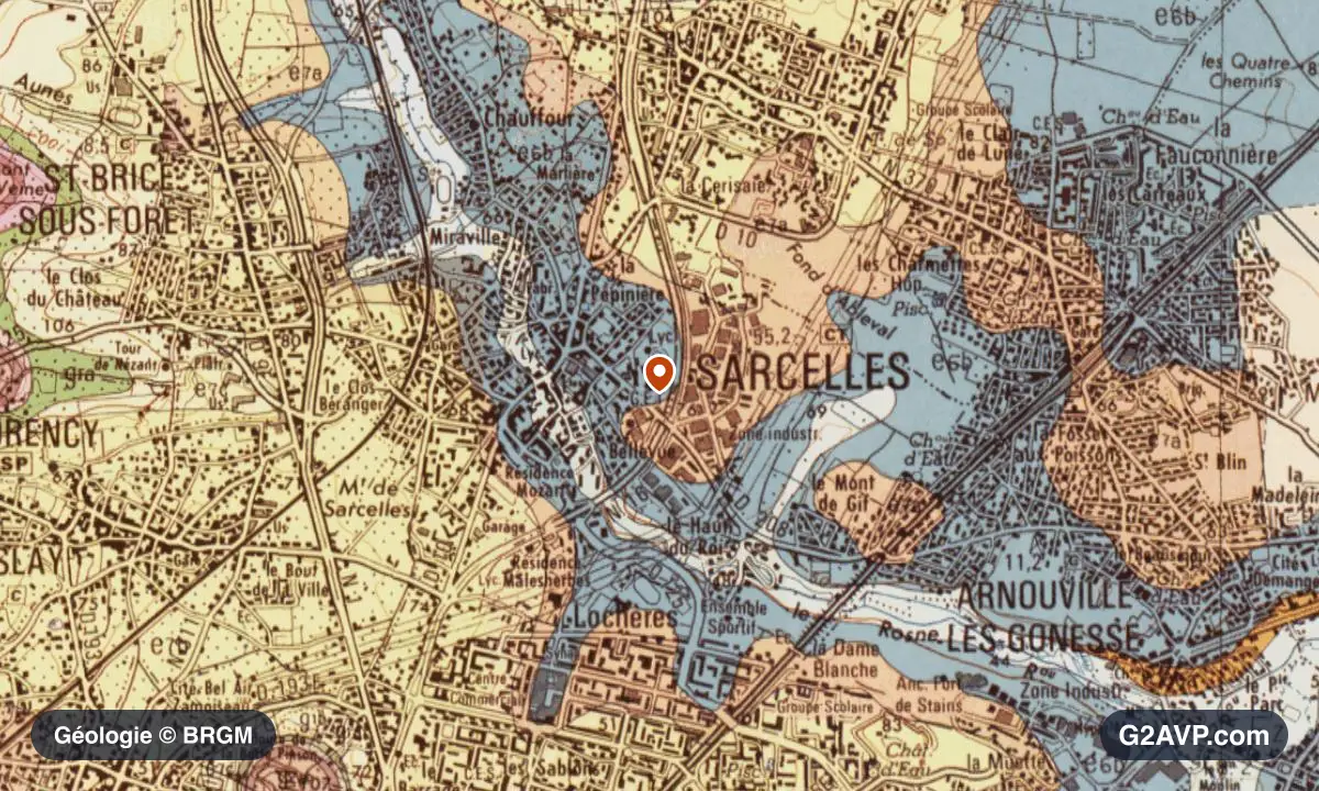 Carte géologique BRGM au 1/50 000 du secteur de Sarcelles : calcaires, marnes et gypse en formations dominantes, repère au centre de la commune