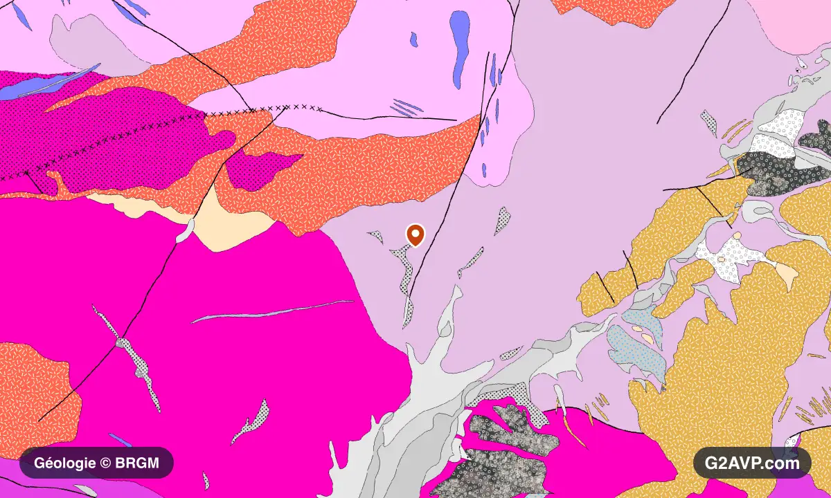 Carte géologique BRGM au 1/50 000 du secteur de Sarrola-Carcopino : granites en formations dominantes, repère au centre de la commune