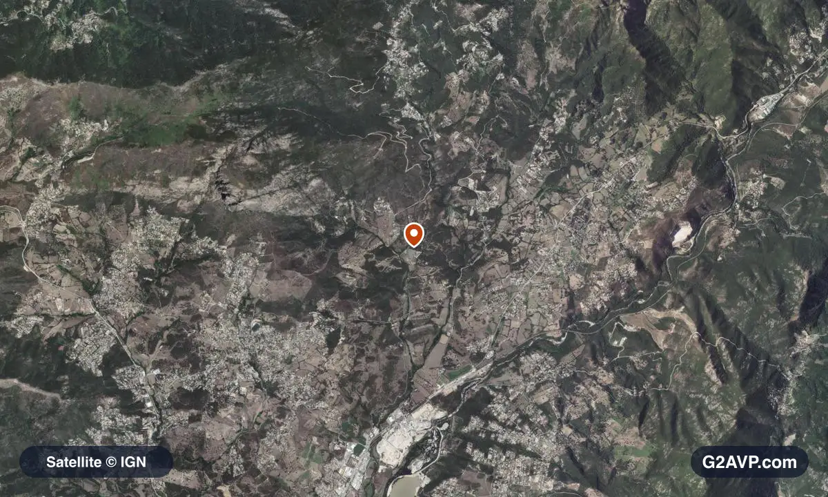 Vue satellite (orthophoto IGN) du secteur de Sarrola-Carcopino, même emprise que la carte géologique