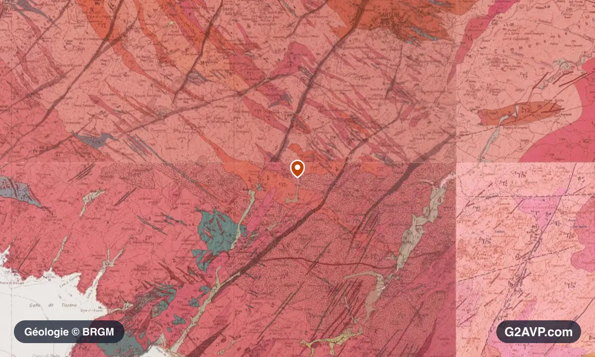 Carte géologique BRGM au 1/50 000 du secteur de Sartène : granites en formations dominantes, repère au centre de la commune