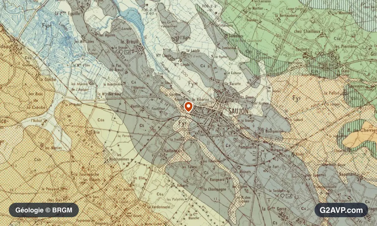 Carte géologique BRGM au 1/50 000 du secteur de Saujon : calcaires, marnes et gypse en formations dominantes, repère au centre de la commune