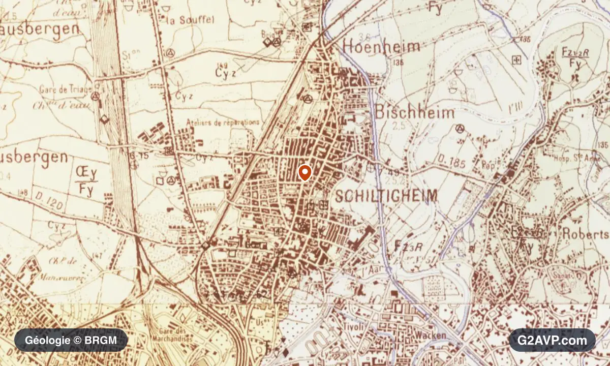 Carte géologique BRGM au 1/50 000 du secteur de Schiltigheim : sables en formations dominantes, repère au centre de la commune