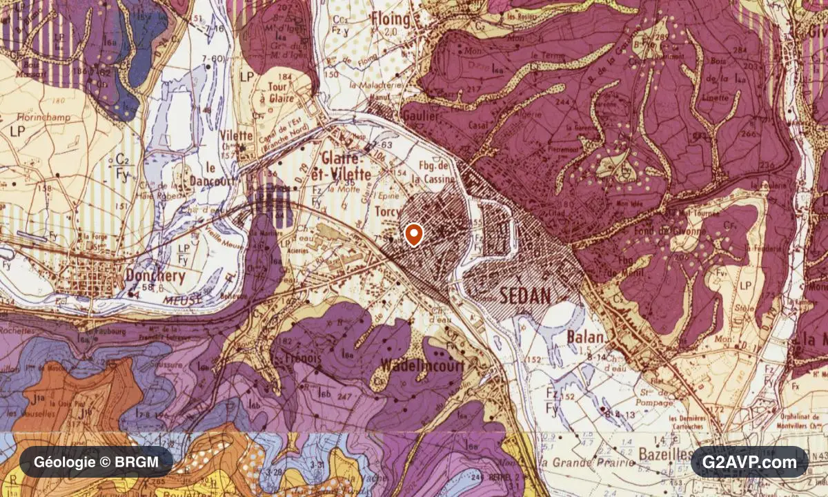 Carte géologique BRGM au 1/50 000 du secteur de Sedan : calcaires, marnes et gypse en formations dominantes, repère au centre de la commune