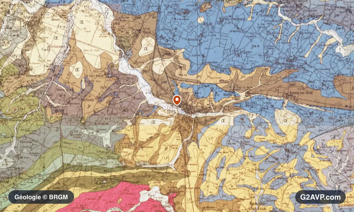 Carte géologique BRGM au 1/50 000 du secteur de Sées : calcaires, marnes et gypse en formations dominantes, repère au centre de la commune