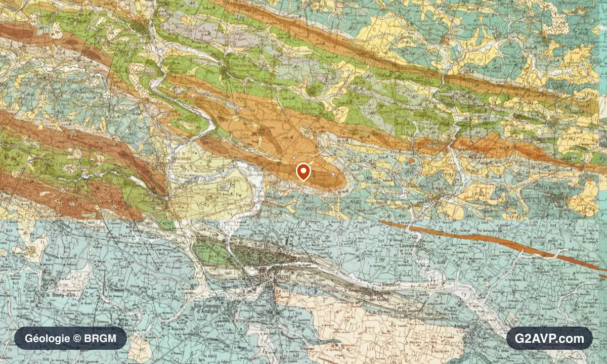 Carte géologique BRGM au 1/50 000 du secteur de Segré-en-Anjou Bleu : schistes et grès en formations dominantes, repère au centre de la commune