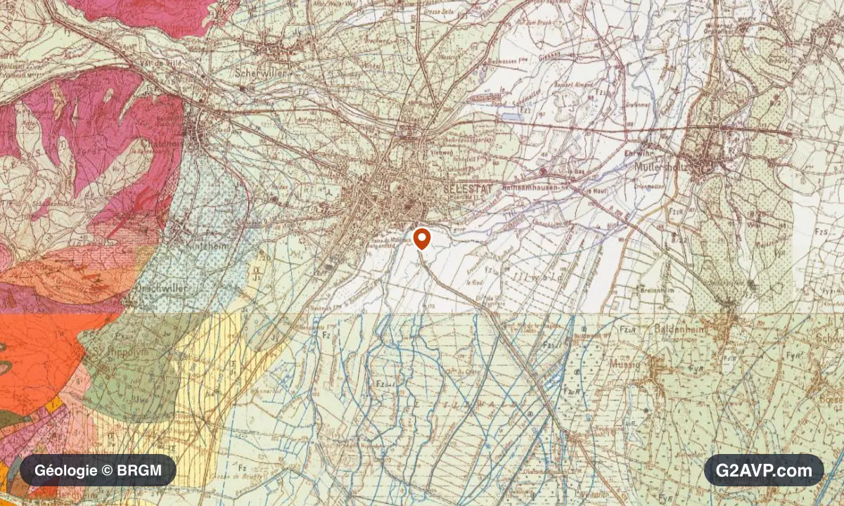 Carte géologique BRGM au 1/50 000 du secteur de Sélestat : sables en formations dominantes, repère au centre de la commune