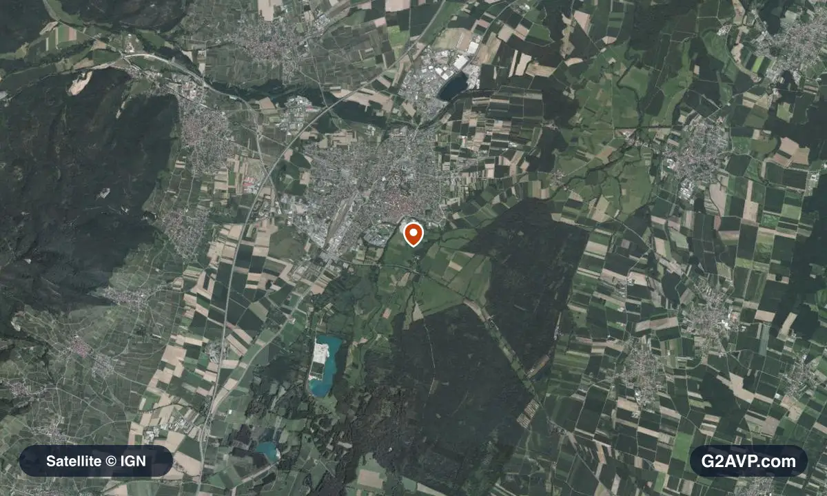 Vue satellite (orthophoto IGN) du secteur de Sélestat, même emprise que la carte géologique