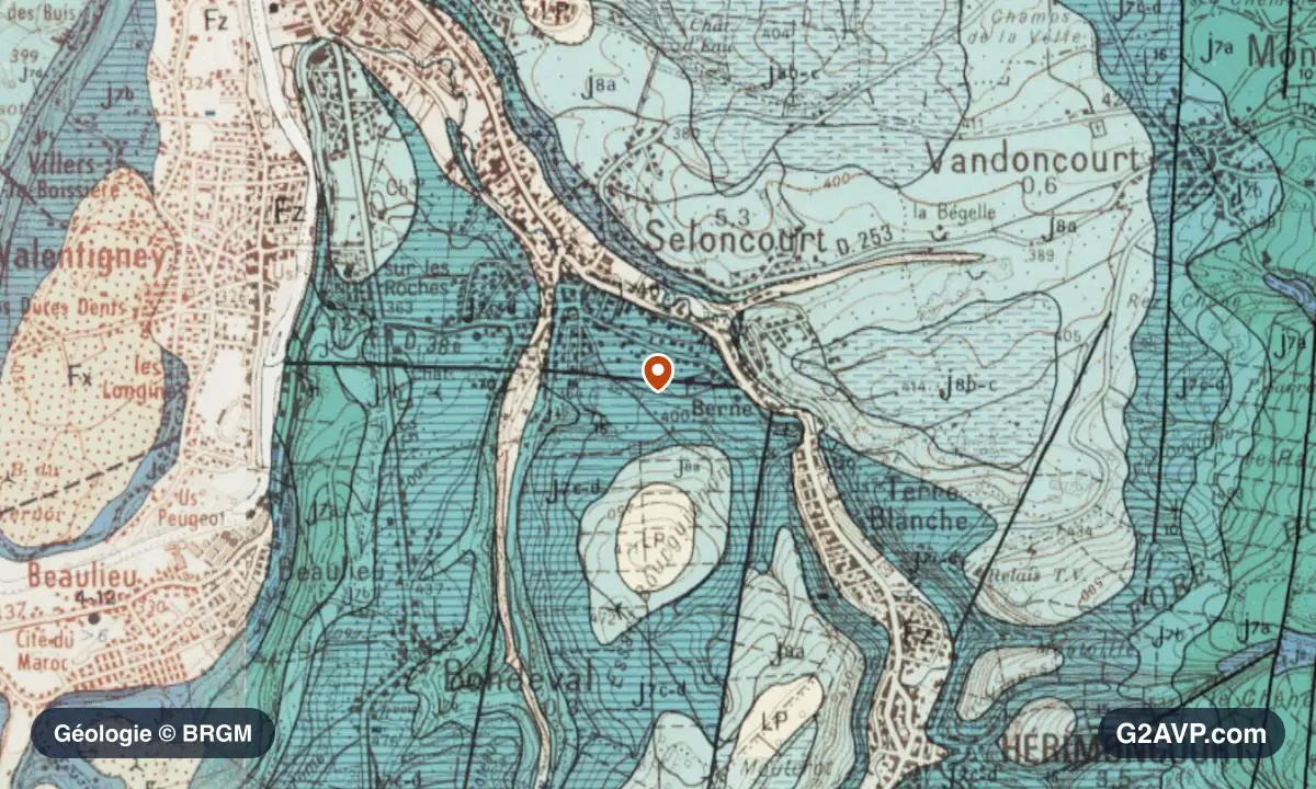 Carte géologique BRGM au 1/50 000 du secteur de Seloncourt : calcaires, marnes et gypse en formations dominantes, repère au centre de la commune