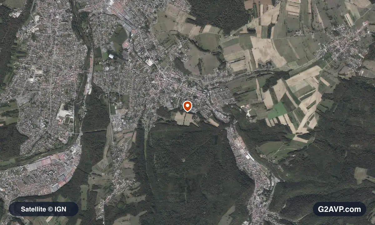 Vue satellite (orthophoto IGN) du secteur de Seloncourt, même emprise que la carte géologique
