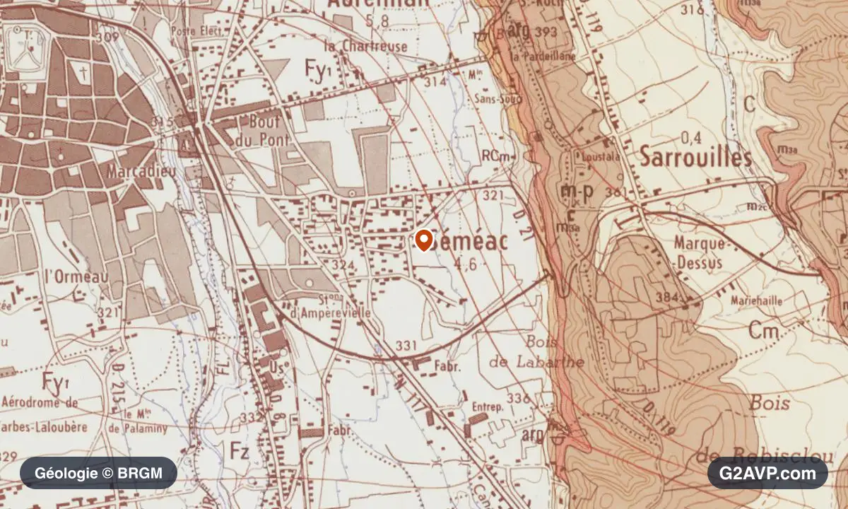 Carte géologique BRGM au 1/50 000 du secteur de Séméac : argiles en formations dominantes, repère au centre de la commune