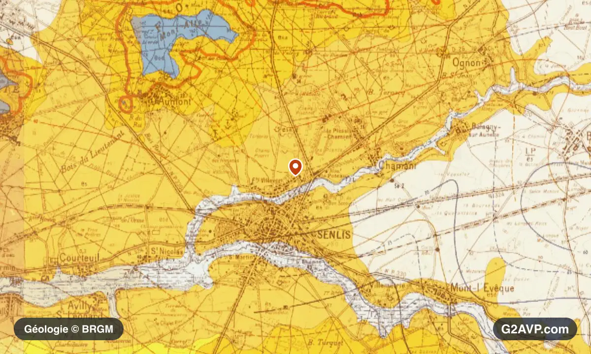 Carte géologique BRGM au 1/50 000 du secteur de Senlis : calcaires, marnes et gypse en formations dominantes, repère au centre de la commune