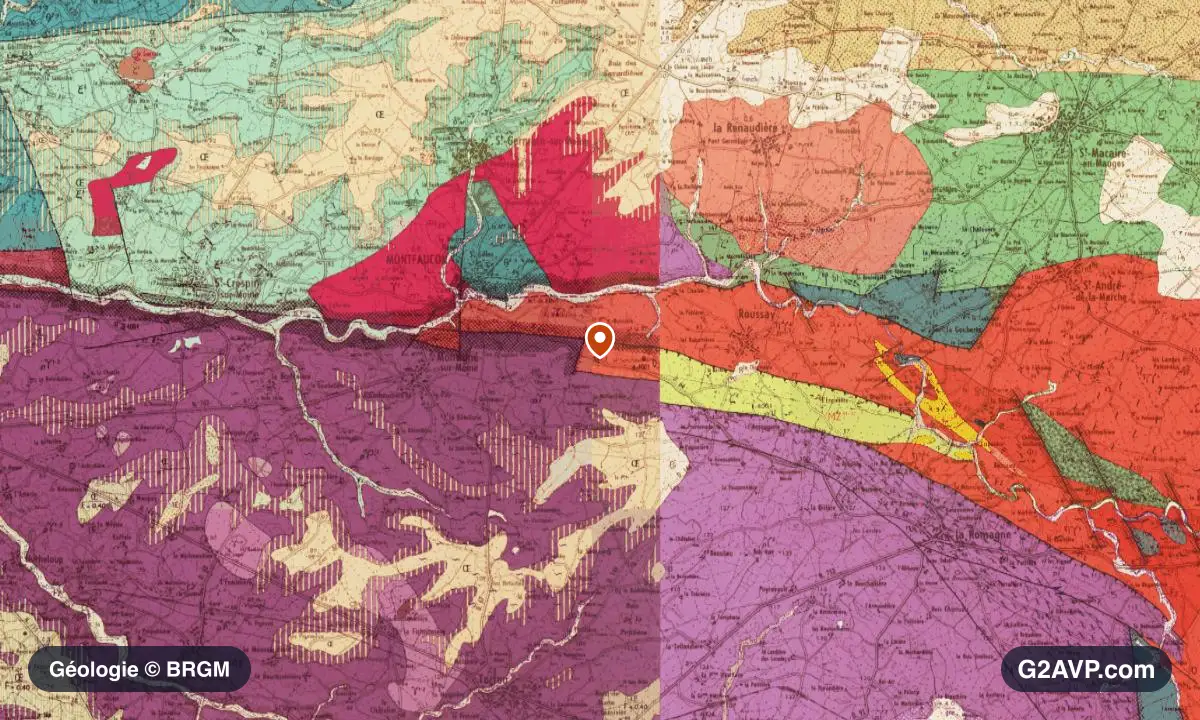 Carte géologique BRGM au 1/50 000 du secteur de Sèvremoine : granites en formations dominantes, repère au centre de la commune