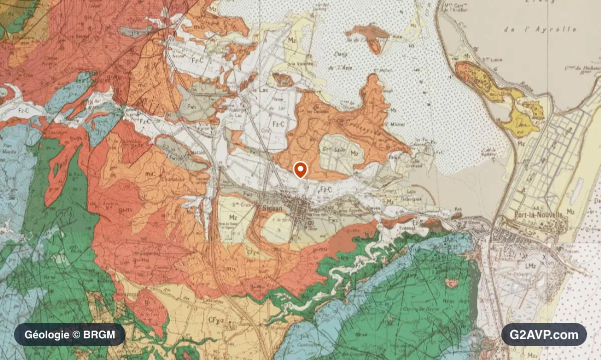 Carte géologique BRGM au 1/50 000 du secteur de Sigean : argiles en formations dominantes, repère au centre de la commune