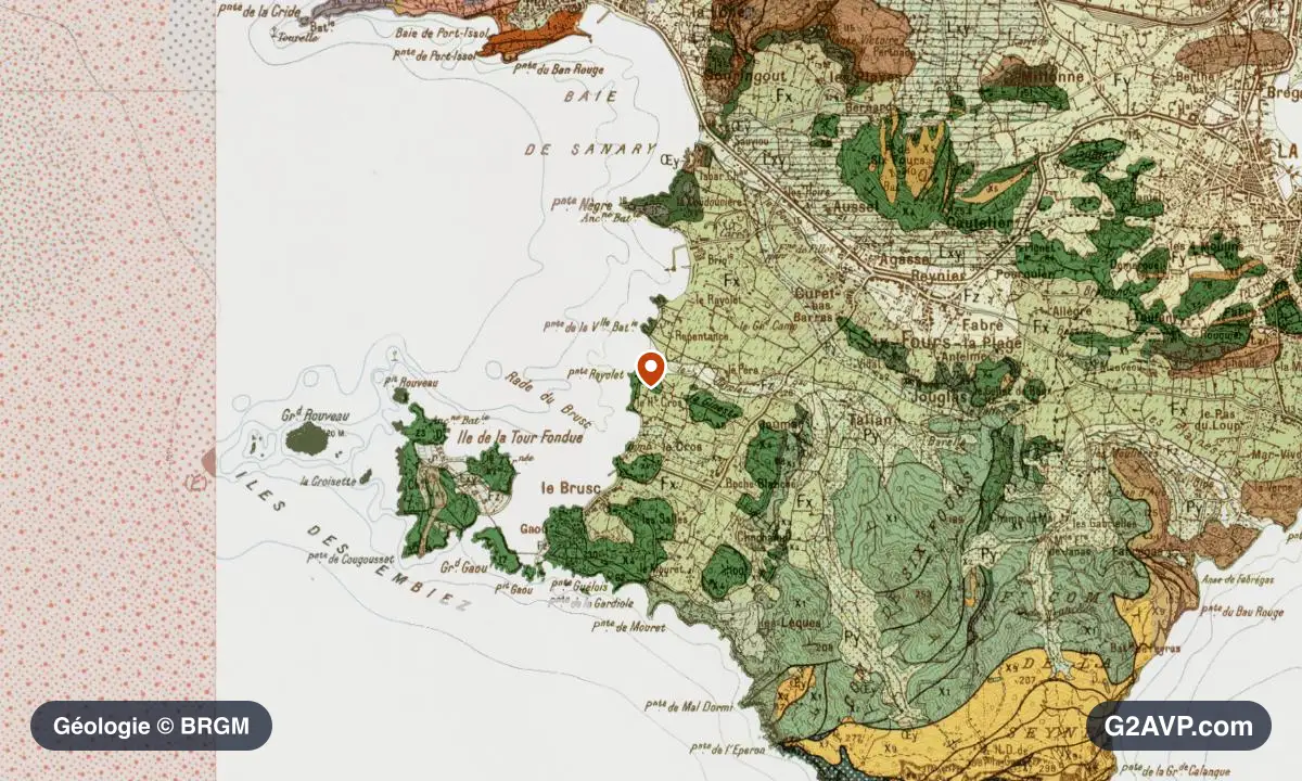 Carte géologique BRGM au 1/50 000 du secteur de Six-Fours-les-Plages : grès en formations dominantes, repère au centre de la commune