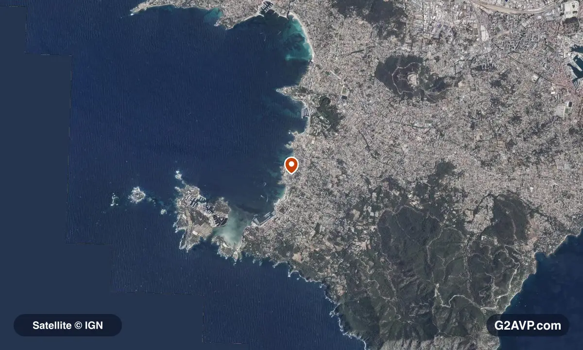 Vue satellite (orthophoto IGN) du secteur de Six-Fours-les-Plages, même emprise que la carte géologique