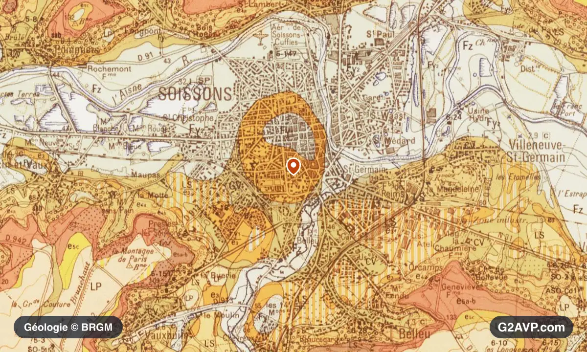 Carte géologique BRGM au 1/50 000 du secteur de Soissons : sables en formations dominantes, repère au centre de la commune