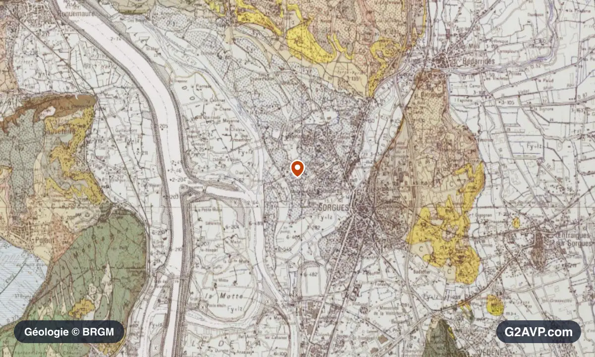 Carte géologique BRGM au 1/50 000 du secteur de Sorgues : sables en formations dominantes, repère au centre de la commune