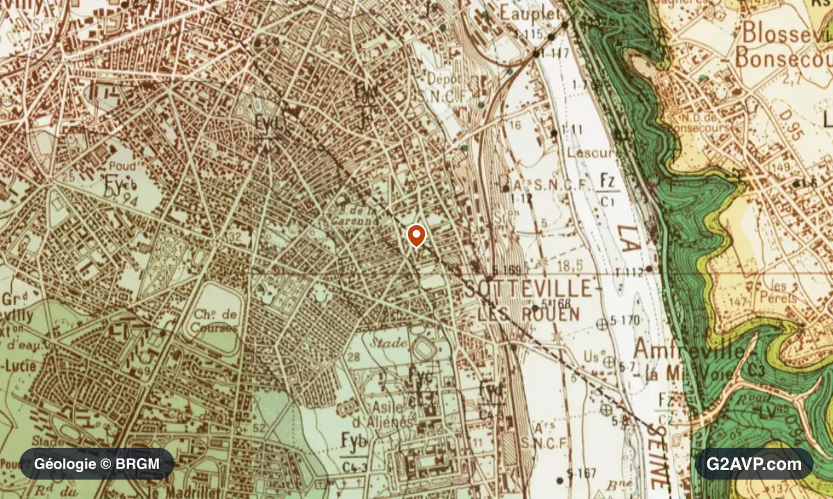 Carte géologique BRGM au 1/50 000 du secteur de Sotteville-lès-Rouen : argiles en formations dominantes, repère au centre de la commune