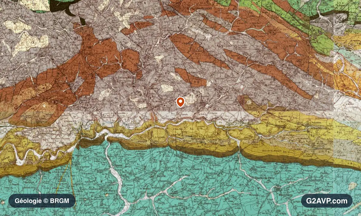Carte géologique BRGM au 1/50 000 du secteur de Souleuvre en Bocage : schistes et grès en formations dominantes, repère au centre de la commune