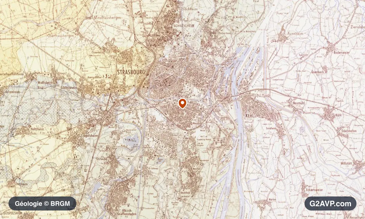 Carte géologique BRGM au 1/50 000 du secteur de Strasbourg : sables en formations dominantes, repère au centre de la commune