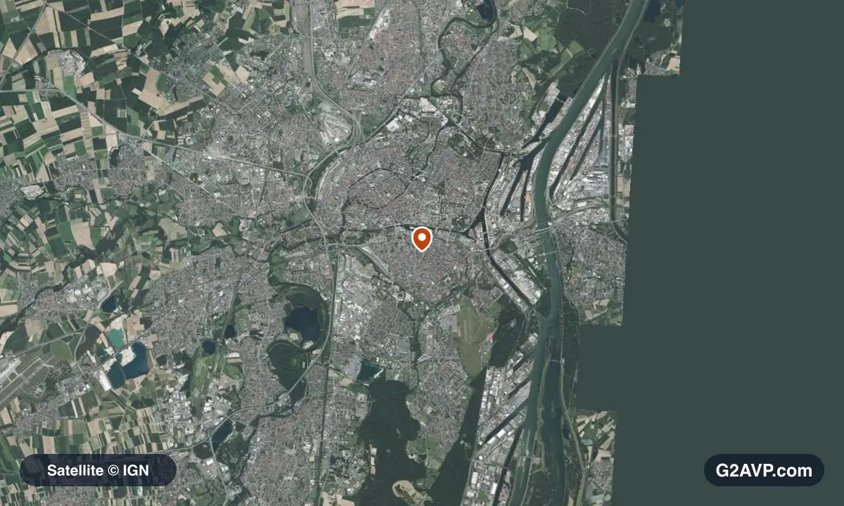 Vue satellite (orthophoto IGN) du secteur de Strasbourg, même emprise que la carte géologique