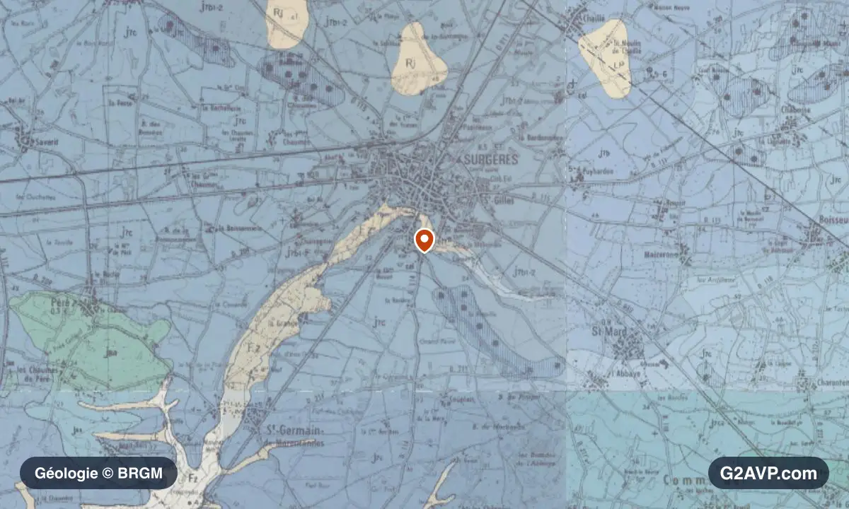 Carte géologique BRGM au 1/50 000 du secteur de Surgères : calcaires, marnes et gypse en formations dominantes, repère au centre de la commune