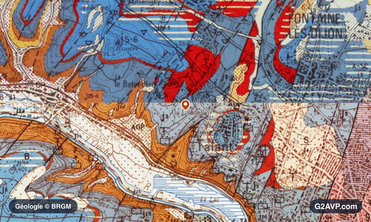 Carte géologique BRGM au 1/50 000 du secteur de Talant : calcaires, marnes et gypse en formations dominantes, repère au centre de la commune
