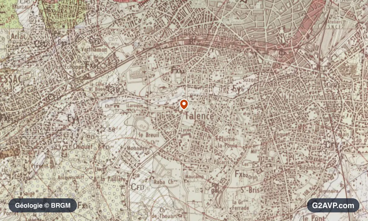Carte géologique BRGM au 1/50 000 du secteur de Talence : argiles en formations dominantes, repère au centre de la commune