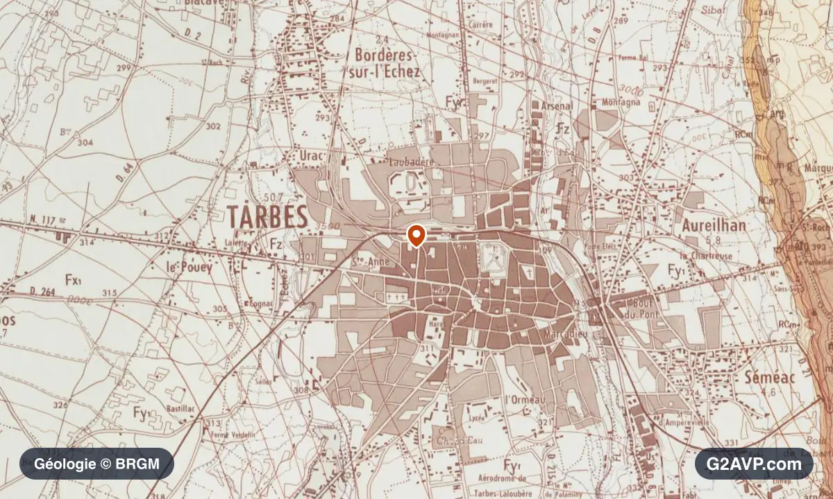 Carte géologique BRGM au 1/50 000 du secteur de Tarbes : argiles en formations dominantes, repère au centre de la commune