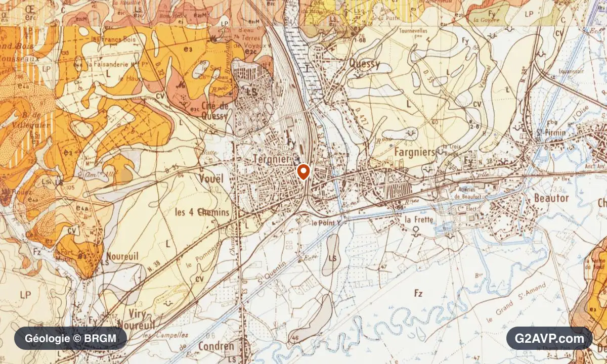 Carte géologique BRGM au 1/50 000 du secteur de Tergnier : sables en formations dominantes, repère au centre de la commune