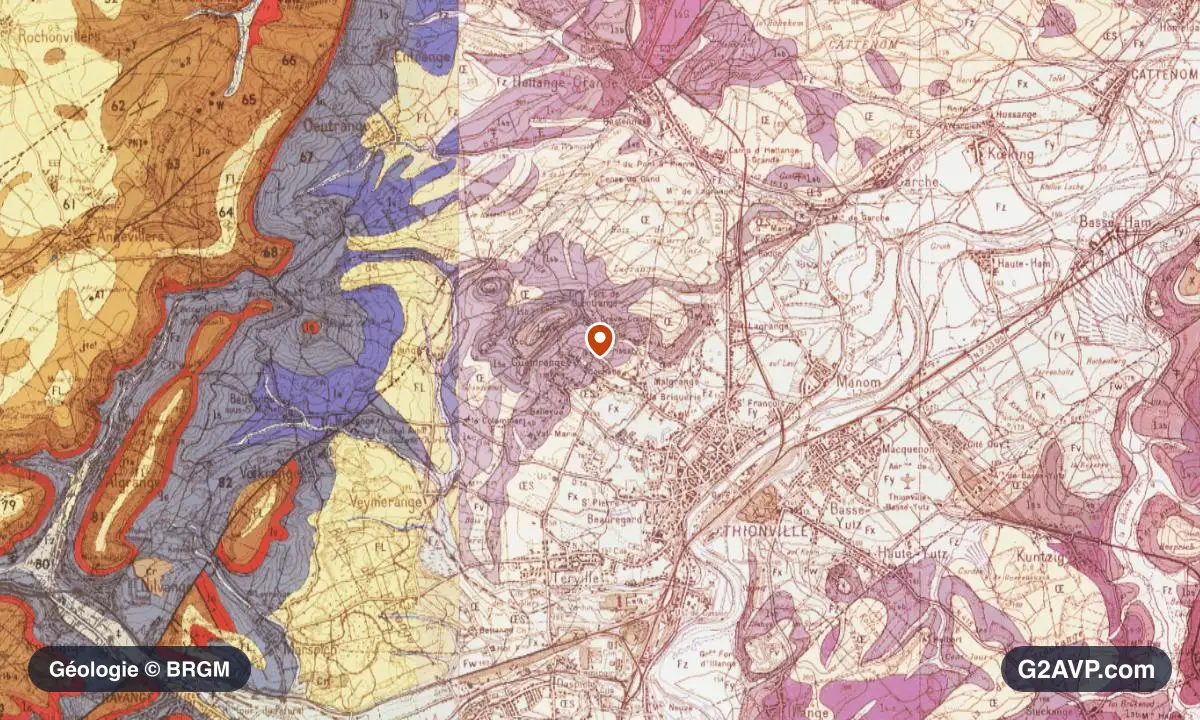 Carte géologique BRGM au 1/50 000 du secteur de Thionville : sables en formations dominantes, repère au centre de la commune