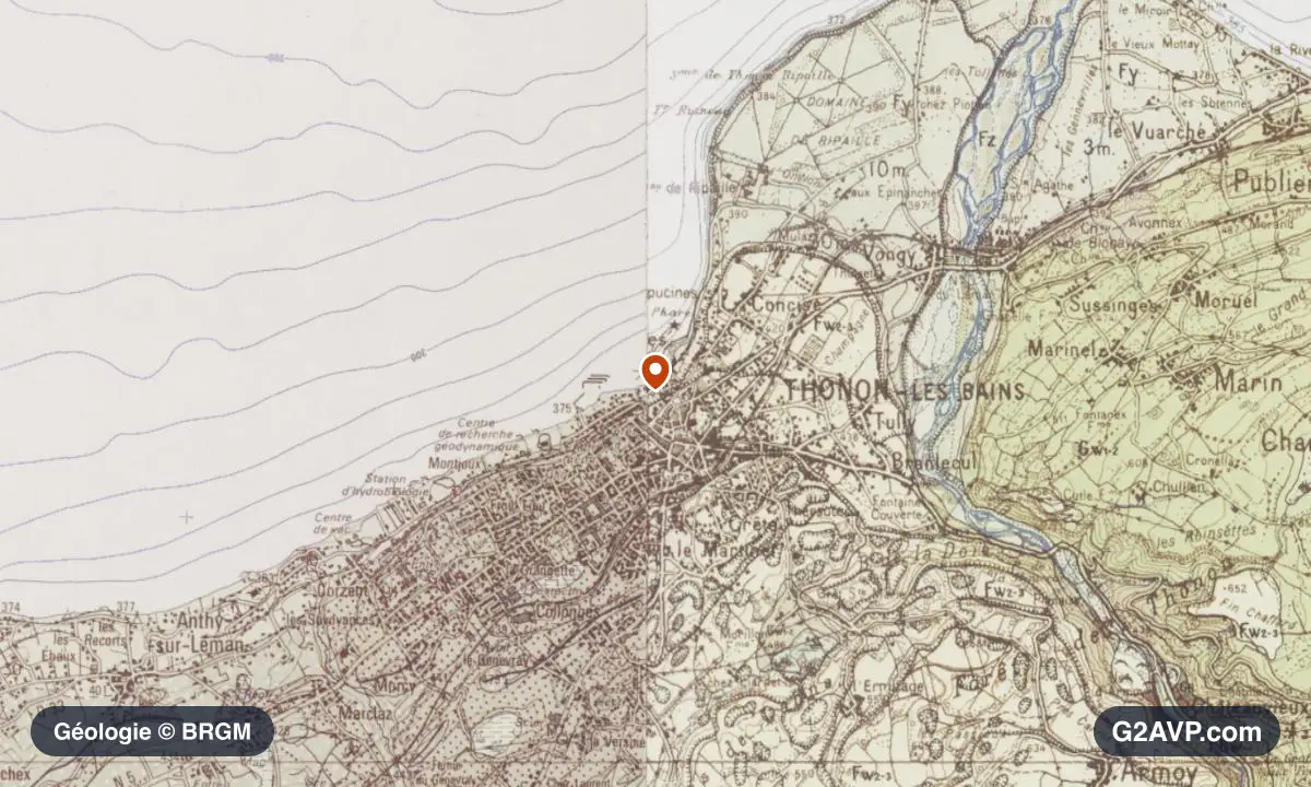 Carte géologique BRGM au 1/50 000 du secteur de Thonon-les-Bains : argiles en formations dominantes, repère au centre de la commune