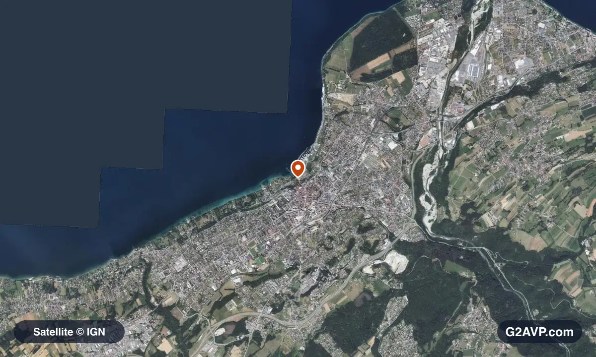 Vue satellite (orthophoto IGN) du secteur de Thonon-les-Bains, même emprise que la carte géologique