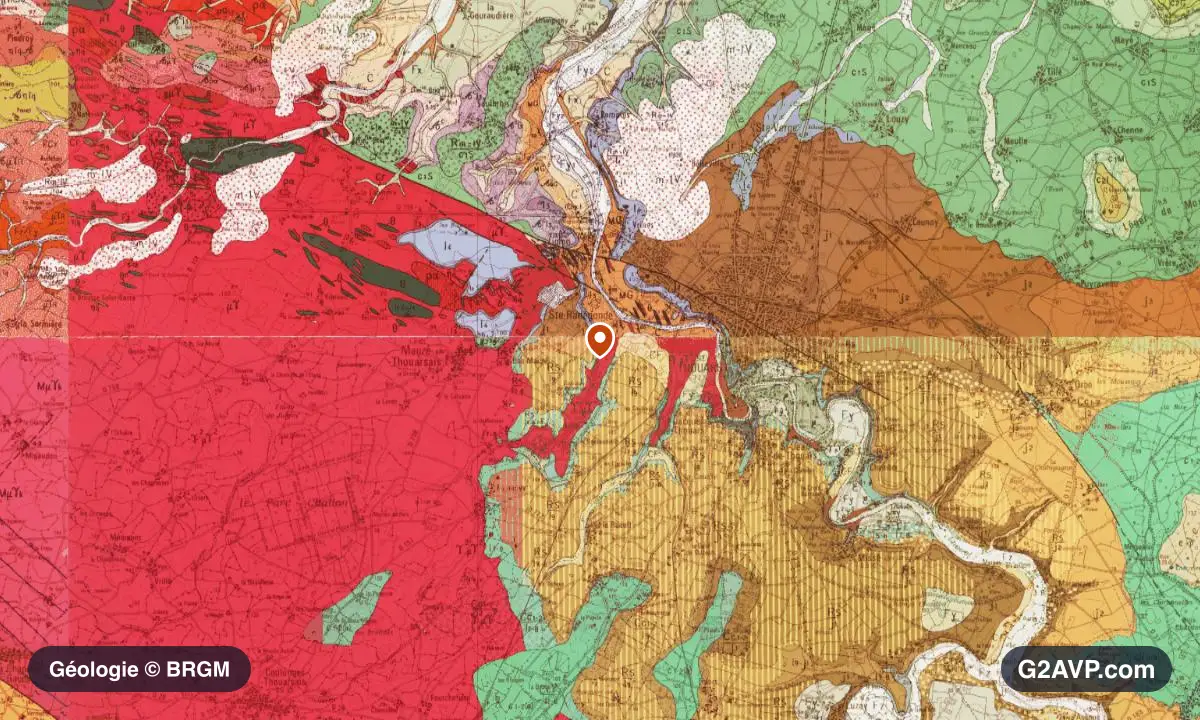 Carte géologique BRGM au 1/50 000 du secteur de Thouars : calcaires, marnes et gypse en formations dominantes, repère au centre de la commune