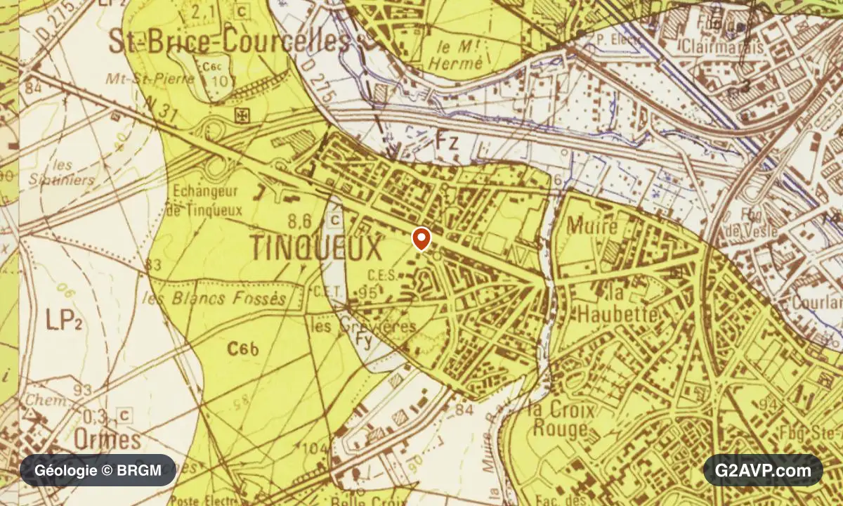 Carte géologique BRGM au 1/50 000 du secteur de Tinqueux : craie en formations dominantes, repère au centre de la commune