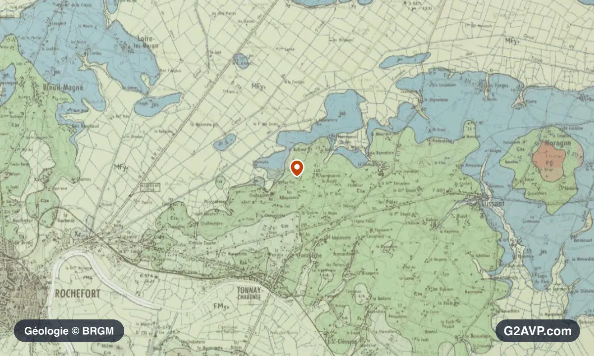 Carte géologique BRGM au 1/50 000 du secteur de Tonnay-Charente : calcaires, marnes et gypse en formations dominantes, repère au centre de la commune