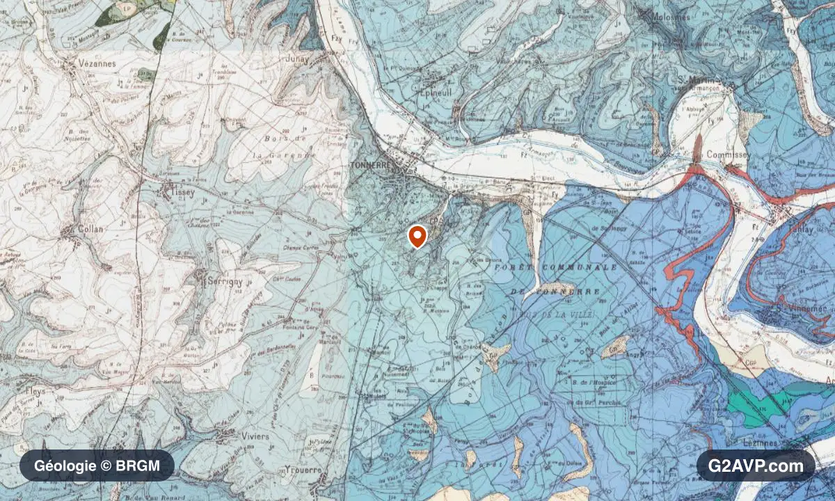 Carte géologique BRGM au 1/50 000 du secteur de Tonnerre : calcaires, marnes et gypse en formations dominantes, repère au centre de la commune