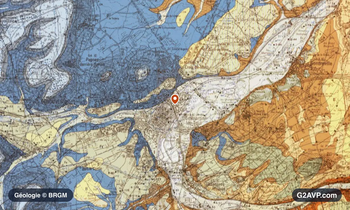 Carte géologique BRGM au 1/50 000 du secteur de Toul : calcaires, marnes et gypse en formations dominantes, repère au centre de la commune