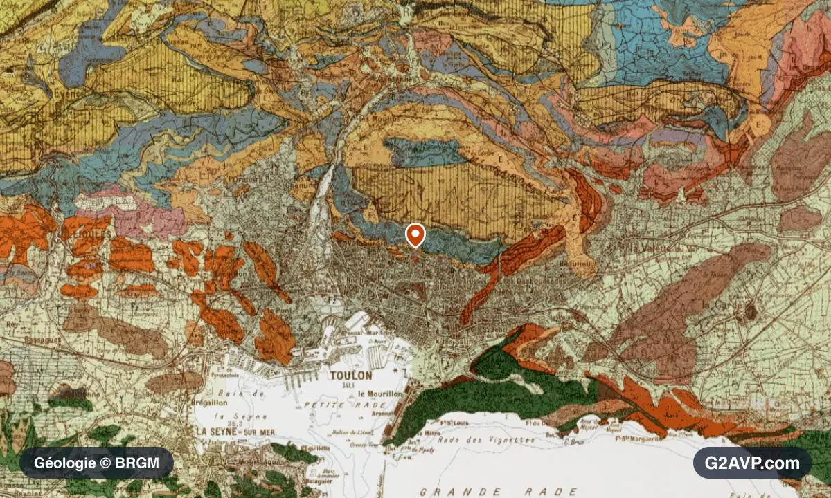 Carte géologique BRGM au 1/50 000 du secteur de Toulon : grès en formations dominantes, repère au centre de la commune