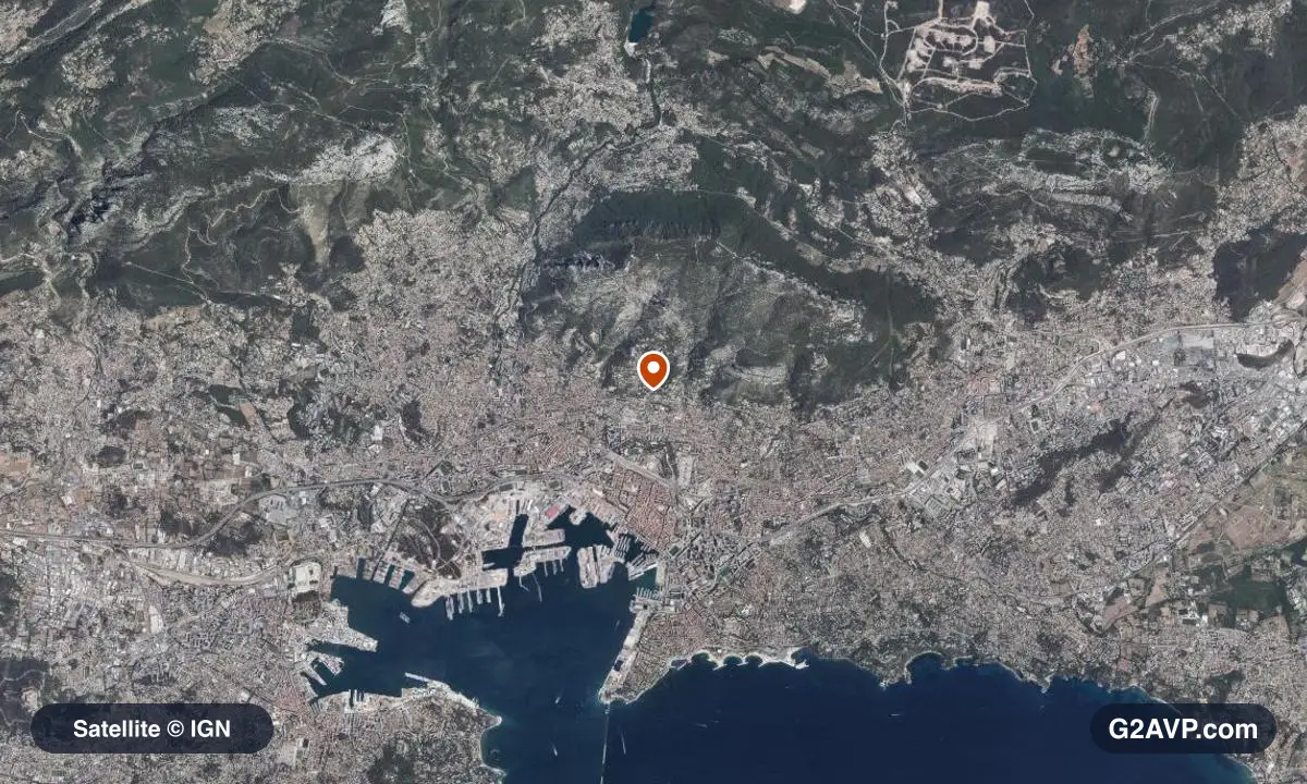 Vue satellite (orthophoto IGN) du secteur de Toulon, même emprise que la carte géologique