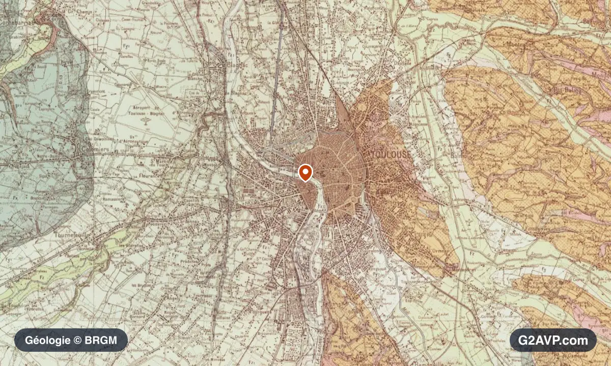 Carte géologique BRGM au 1/50 000 du secteur de Toulouse : sables en formations dominantes, repère au centre de la commune