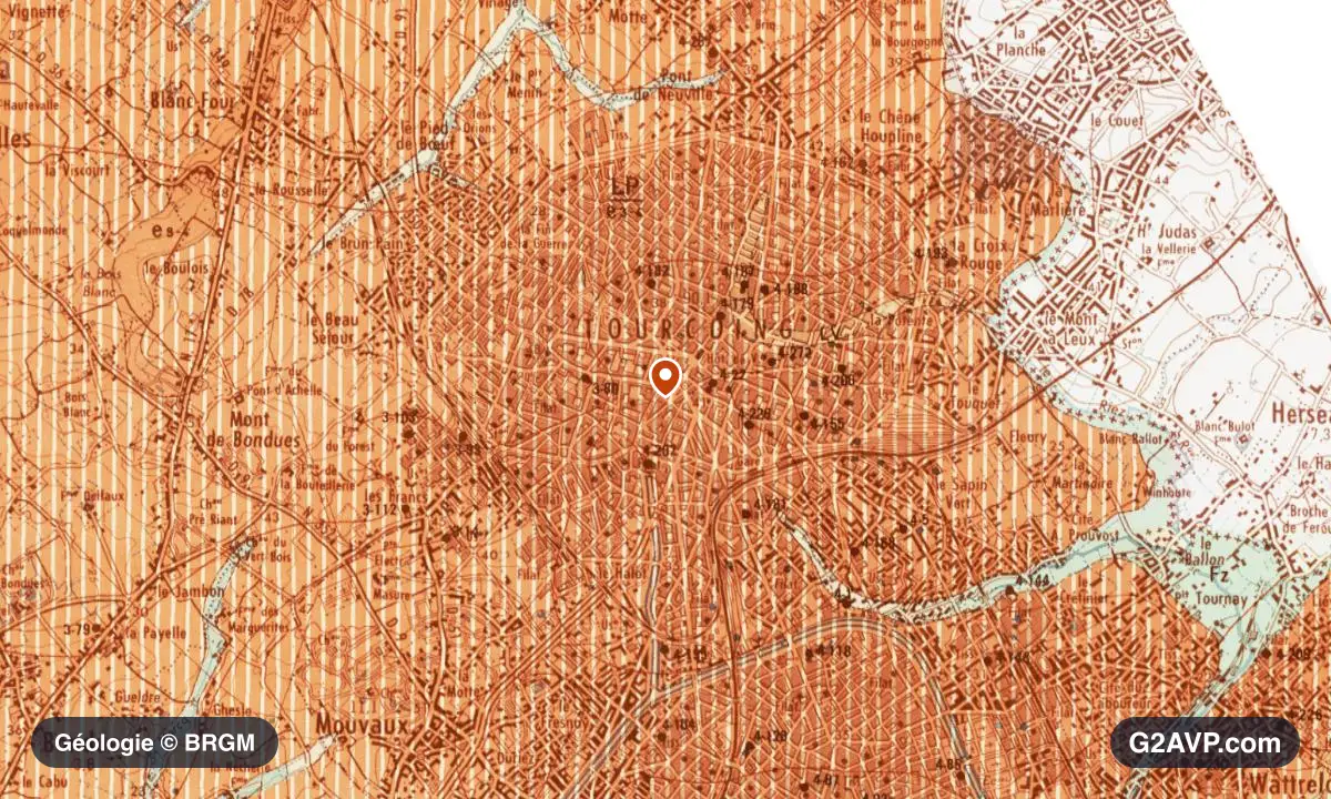 Carte géologique BRGM au 1/50 000 du secteur de Tourcoing : argiles en formations dominantes, repère au centre de la commune