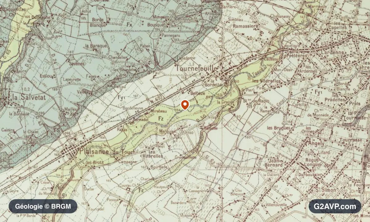 Carte géologique BRGM au 1/50 000 du secteur de Tournefeuille : argiles en formations dominantes, repère au centre de la commune