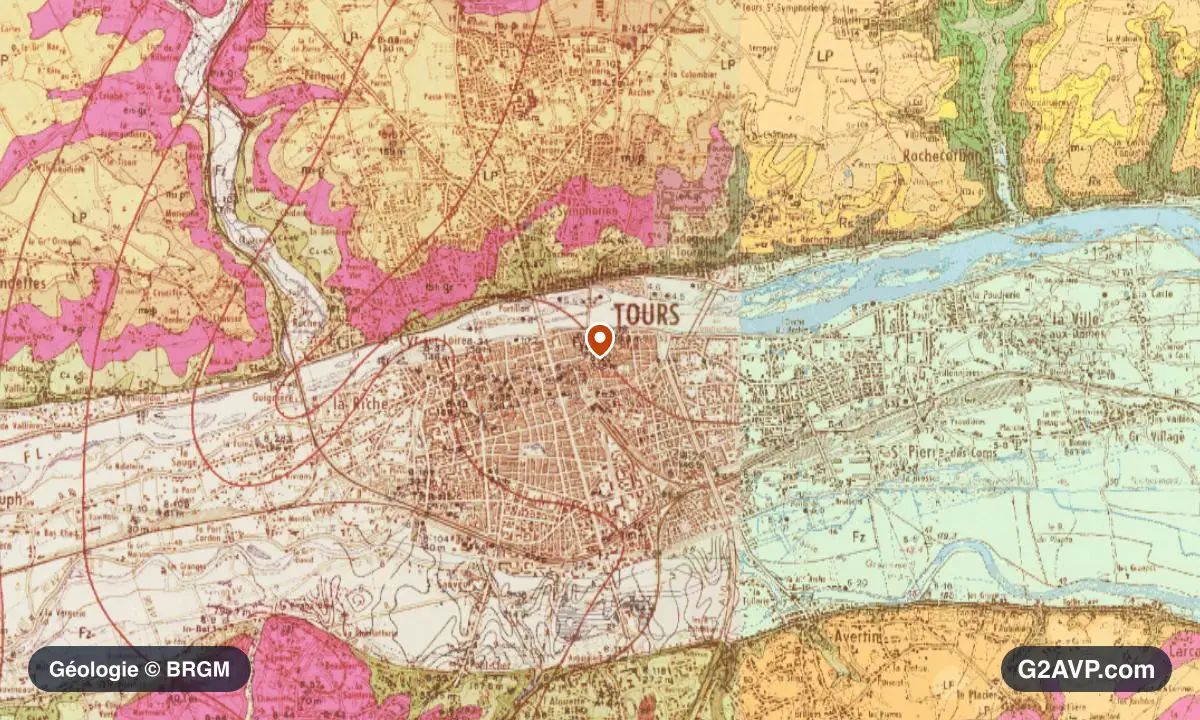 Carte géologique BRGM au 1/50 000 du secteur de Tours : sables en formations dominantes, repère au centre de la commune
