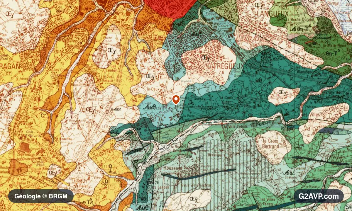 Carte géologique BRGM au 1/50 000 du secteur de Trégueux : gneiss en formations dominantes, repère au centre de la commune
