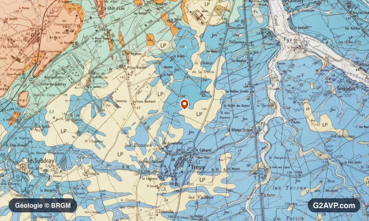 Carte géologique BRGM au 1/50 000 du secteur de Trouy : calcaires, marnes et gypse en formations dominantes, repère au centre de la commune