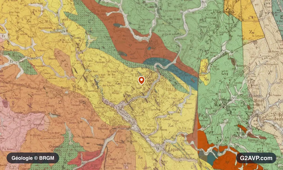 Carte géologique BRGM au 1/50 000 du secteur de Tulle : gneiss en formations dominantes, repère au centre de la commune