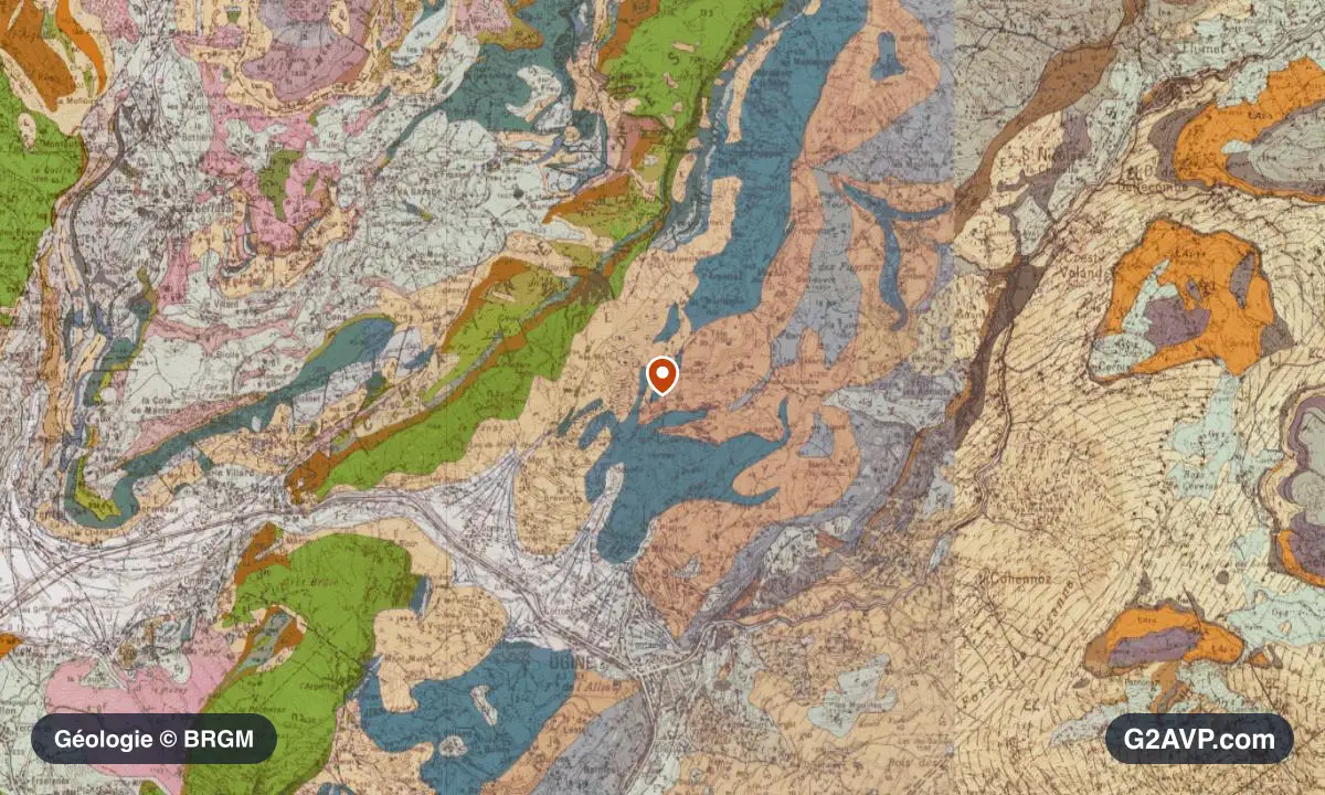 Carte géologique BRGM au 1/50 000 du secteur d'Ugine : schistes et grès en formations dominantes, repère au centre de la commune