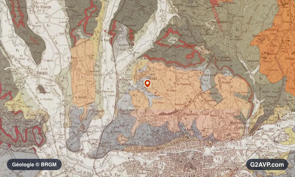 Carte géologique BRGM au 1/50 000 du secteur d'Ussac : grès en formations dominantes, repère au centre de la commune